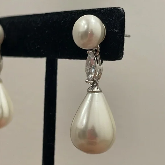 Faux Pearl and Cubic Zirconia Silver Tone Drop Earrings - Picture 4 of 10